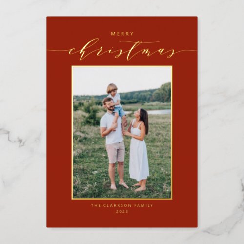 Modern Script Red Merry Christmas Photo Foil Holiday Card
