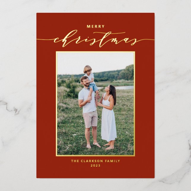 Modern Script Red Merry Christmas Photo Foil Holiday Card (Front)