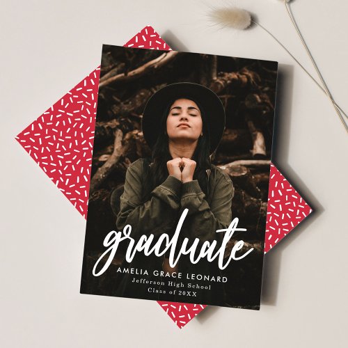 Modern Script Red Photo Graduation Announcement