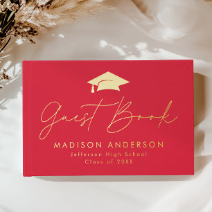 Modern Script Red Photo Graduation Foil Guest Book