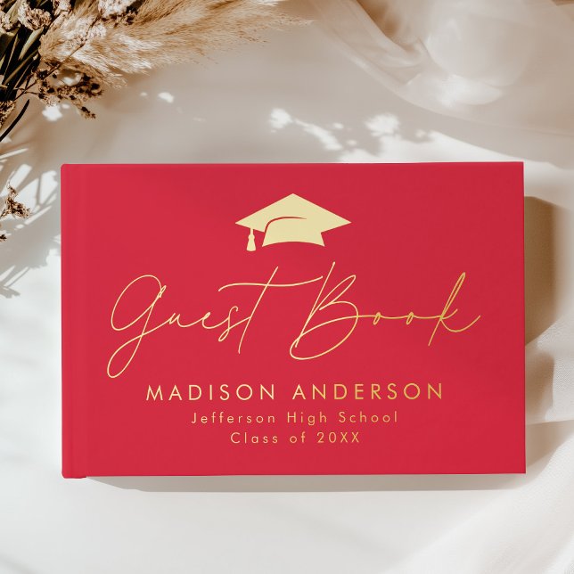 Modern Script Red Photo Graduation Foil Guest Book (Creator Uploaded)