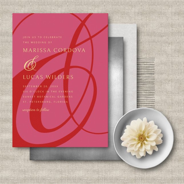 Modern Script Red Pink Ampersand Wedding Invitation (Creator Uploaded)