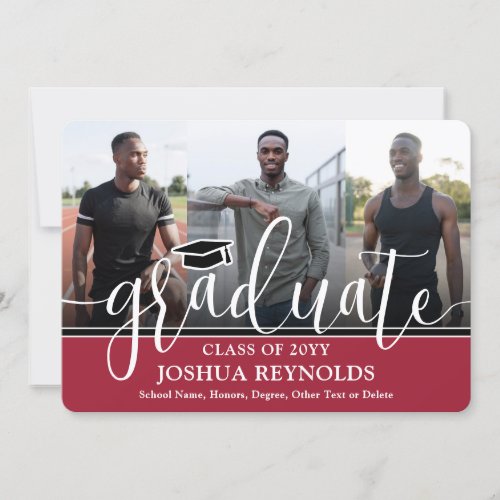 Modern Script Red White  Black 4 Photo Graduation Announcement