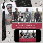 Modern Script Red White & Black 4 Photo Graduation Announcement<br><div class="desc">Share the joy of a high school or college graduation with custom 4 photo collage red, white and black announcements. The pictures and all wording on this template are simple to personalize with any details of your choice, such as party invitation info, parents' names, special honors, degree title, favorite inspirational...</div>