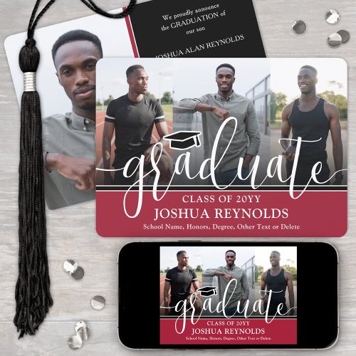 Modern Script Red White  Black 4 Photo Graduation Announcement