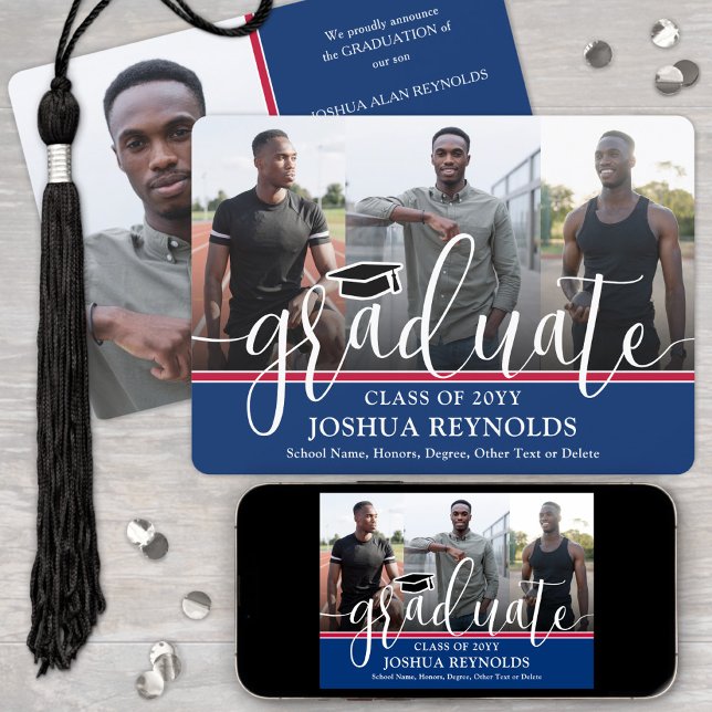 Modern Script Red White & Blue 4 Photo Graduation Announcement (Creator Uploaded)