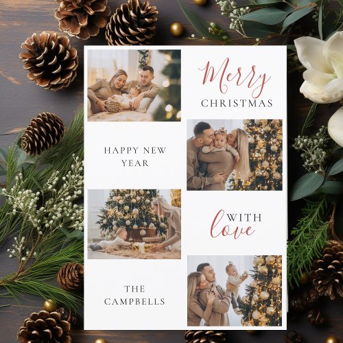 Modern Script Red  White Christmas Photo Collage Holiday Card