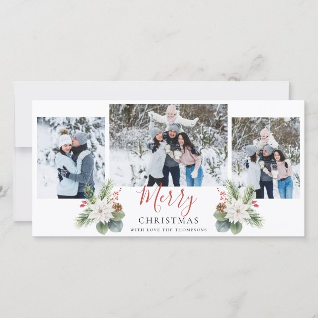 Modern Script Red & White Merry Christmas 3 Photos Holiday Card (Front)