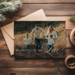 Modern Script Religious Christian Photo Christmas Holiday Card<br><div class="desc">Celebrate the season with this elegant holiday card featuring a family photo under the phrase "Rejoicing in His Love." The design symbolizes Christian faith, gratitude, and the warmth of God’s love during Xmas. With a minimalist black background and beautiful script font, this card perfectly captures the spirit of Merry Christmas....</div>