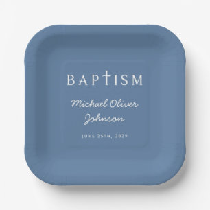 Modern Script Religious Cross Blue Boy Baptism  Paper Plates