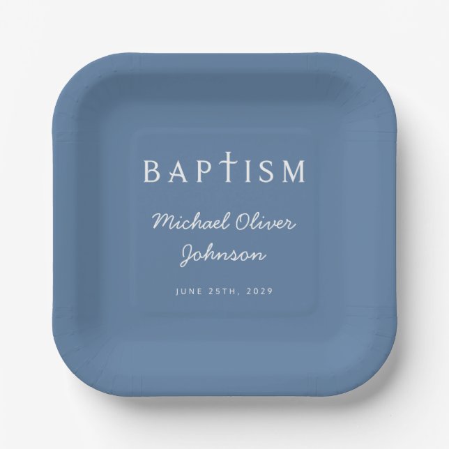 Modern Script Religious Cross Blue Boy Baptism  Paper Plates (Front)