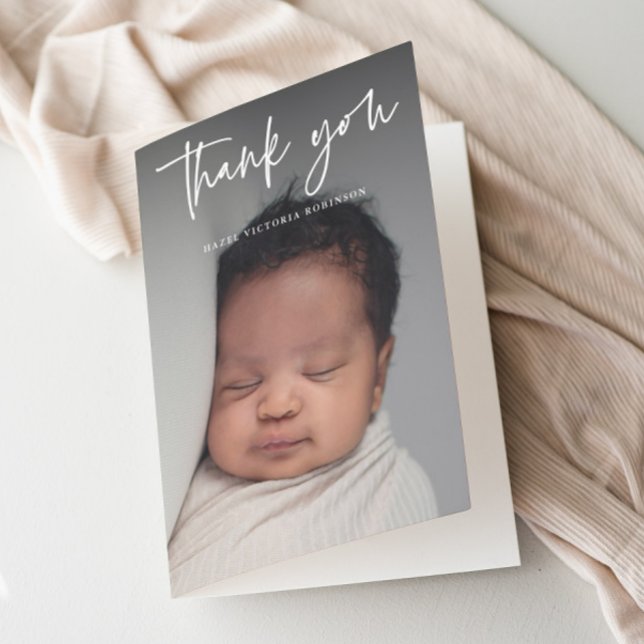 Modern Script Religious Photo Baptism Letterpress Thank You Card (Modern script typography overlay photo baptism thank you card.)