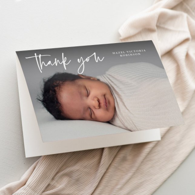 Modern Script Religious Photo Baptism  Letterpress Thank You Card (Modern script typography overlay photo baptism thank you card.)