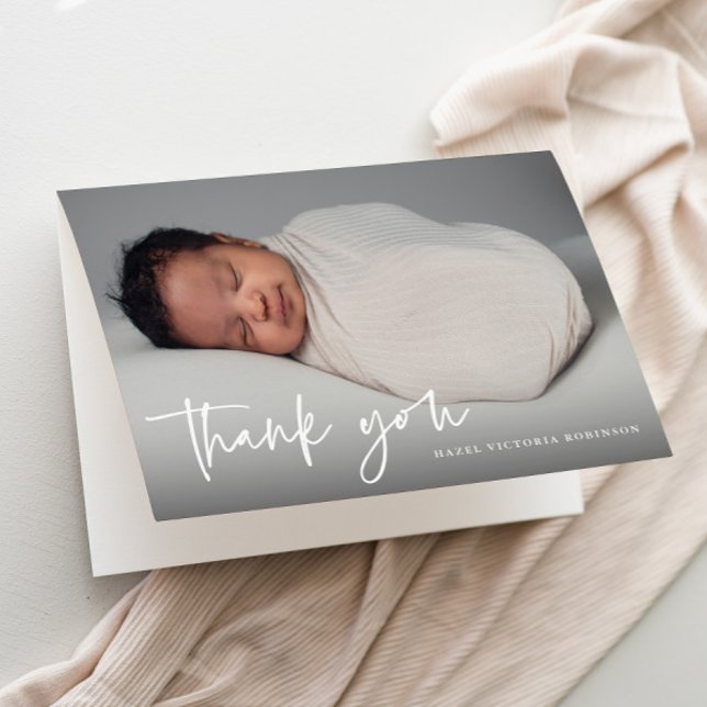 Modern Script Religious Photo Baptism  Letterpress Thank You Card (Modern script typography overlay photo baptism thank you card.)
