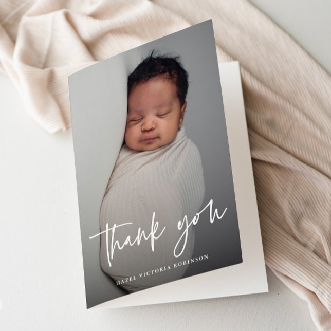 Modern Script Religious Photo Baptism Thank You Card (Modern script photo baptism thank you card.)