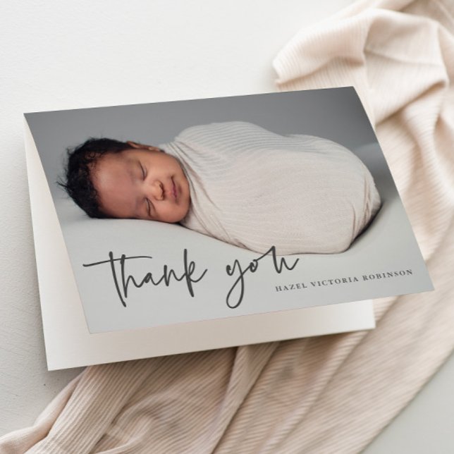Modern Script Religious Photo Baptism  Thank You Card (Simple modern script baby photo baptism thank you card.)