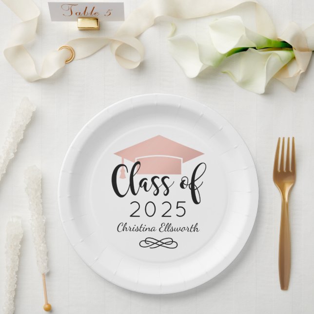 Modern Script Rose Gold 2025 Custom Graduation Paper Plates (Wedding)