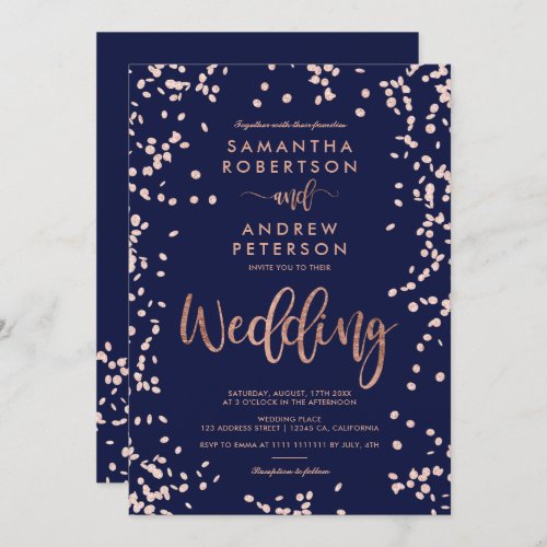 Modern script rose gold confetti navy blue wedding invitation