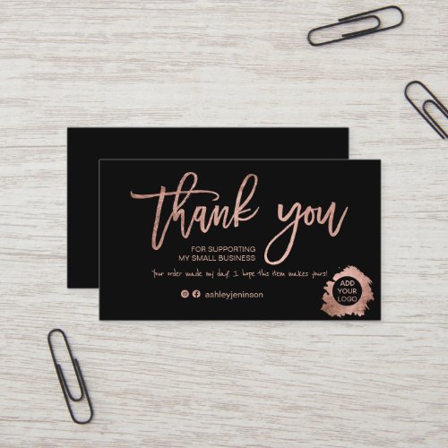 Modern script rose gold foil black order thank you business card