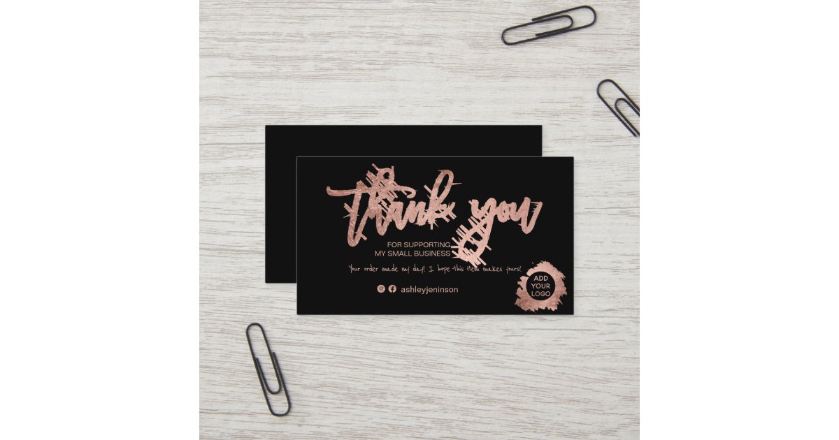 Modern script rose gold foil black order thank you business card | Zazzle
