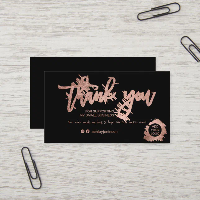 Modern script rose gold foil black order thank you business card | Zazzle