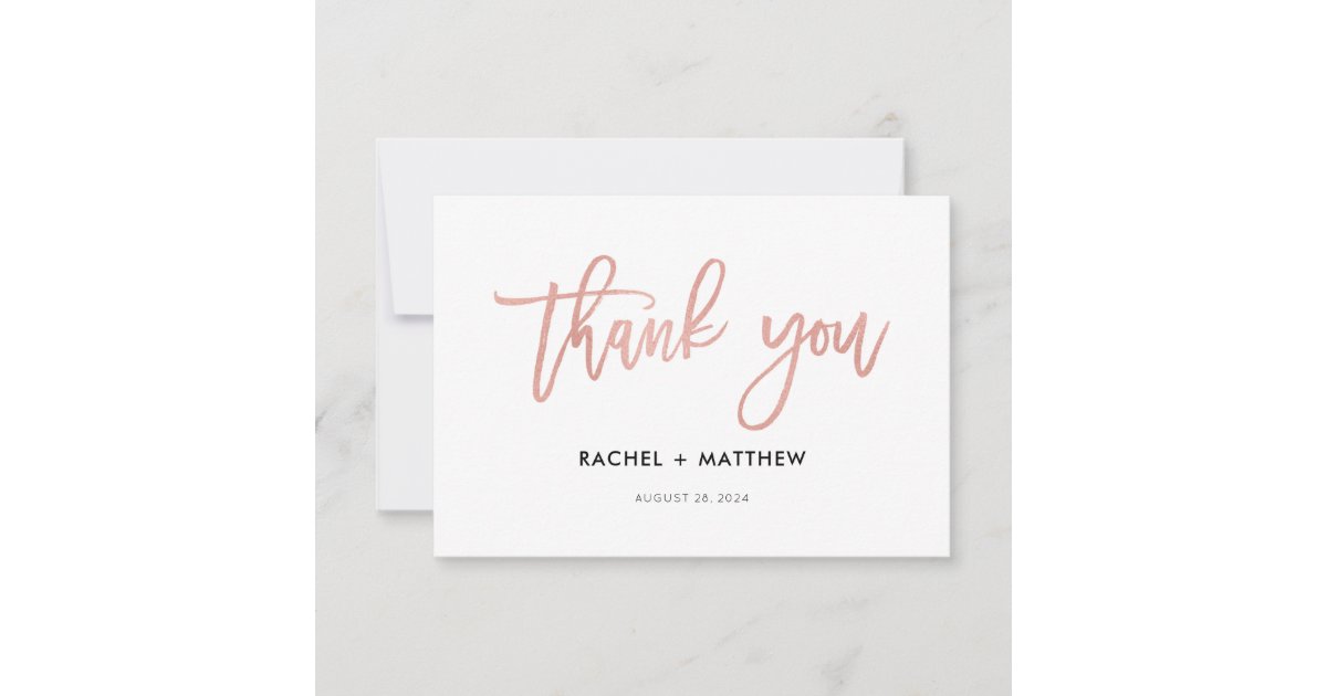 Modern Script Rose Gold Glam Flat Thank You Card | Zazzle