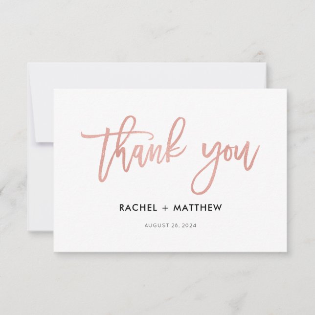 Modern Script Rose Gold Glam Flat Thank You Card (Front)