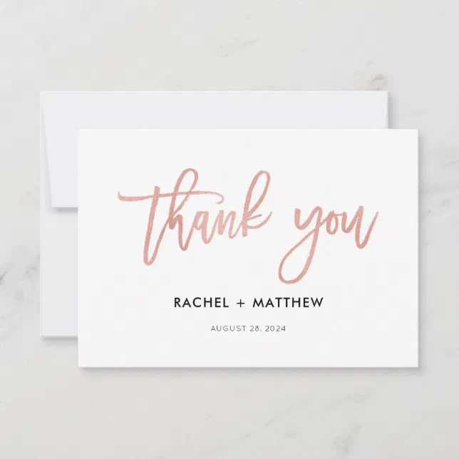 Modern Script Rose Gold Glam Flat Thank You Card | Zazzle