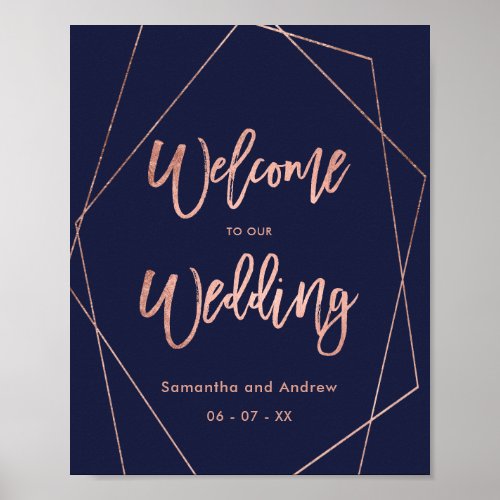 Modern script rose gold navy  welcome wedding  poster