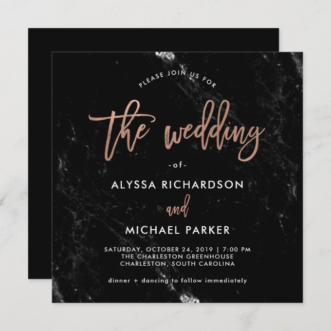 Modern Script | Rose Gold on Black Marble Wedding Invitation (Front/Back)