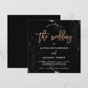 Modern Script Rose Gold on Black Marble Wedding Invitation