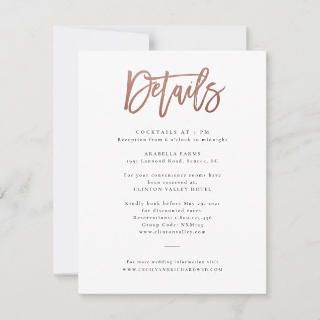 Modern Script Rose Gold Wedding Details Card (Front)