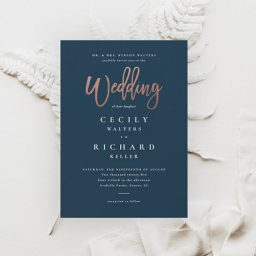 Modern Script Rose Gold Wedding Invitation