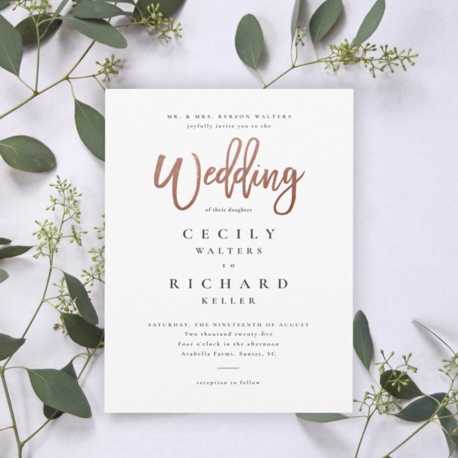 Modern Script Rose Gold Wedding Invitation (Creator Uploaded)