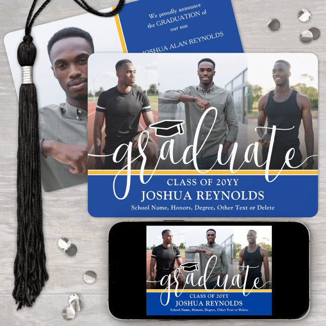 Modern Script Royal Blue & Gold 4 Photo Graduation Announcement (Creator Uploaded)