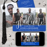 Modern Script Royal Blue White 4 Photo Graduation Announcement<br><div class="desc">Share the joy of a high school or college graduation with custom 4 photo collage royal blue and white announcements. The pictures and all wording on this template are simple to personalize with any details of your choice, such as party invitation info, parents' names, special honors, degree title, favorite inspirational...</div>