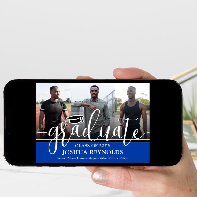 Modern Script Royal Blue White 4 Photo Graduation Announcement (Front Digital)