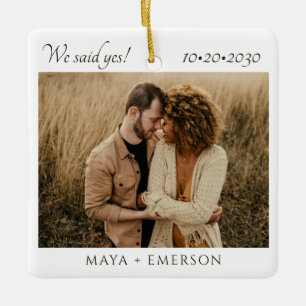 Modern Script Rustic Engagement Photo Keepsake Ceramic Ornament