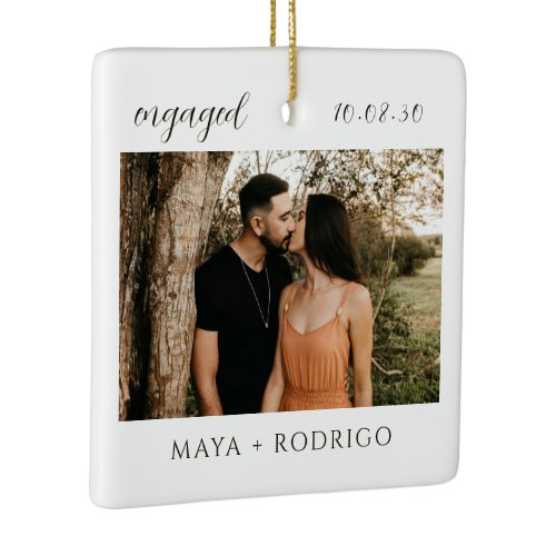 Modern Script Rustic Engagement Photo Keepsake  Ceramic Ornament