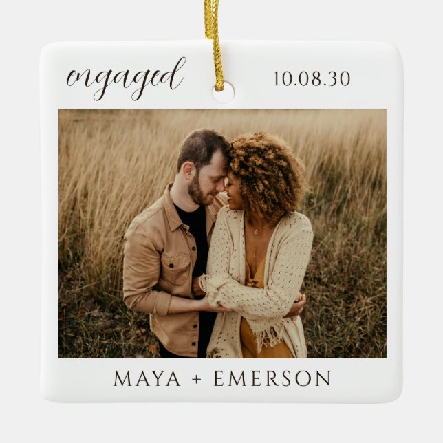 Modern Script Rustic Engagement Photo Keepsake  Ceramic Ornament (Front)
