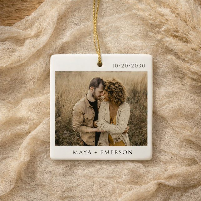Modern Script Rustic Engagement Photo Keepsake  Ceramic Ornament (Creator Uploaded)