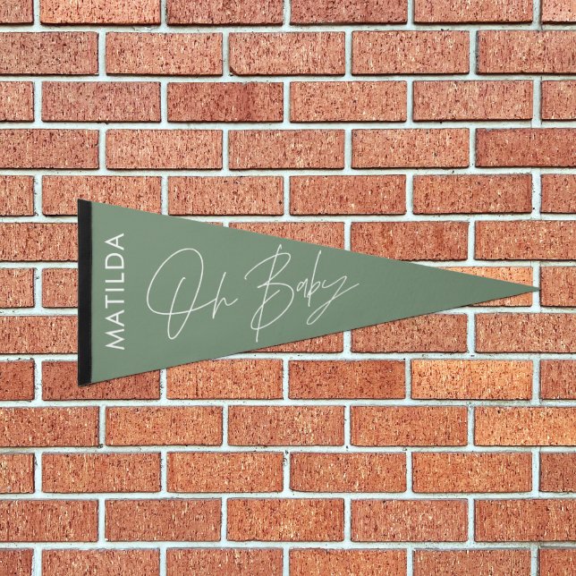modern script sage green baby elegant script pennant flag (Front)