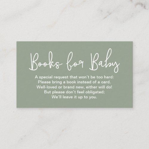 Modern Script Sage Green Baby shower Book Request Enclosure Card