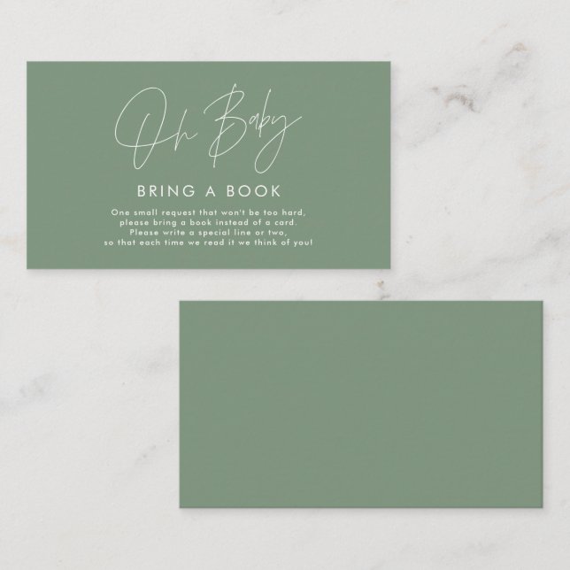 modern script sage green baby shower bring a book business card (Front/Back)