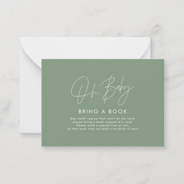 modern script sage green baby shower bring a book  note card (Front)