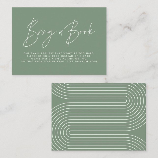 Modern script sage green baby shower bring a book  note card (Front/Back)