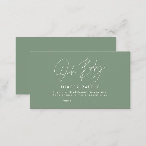 modern script sage green baby shower diaper raffle business card