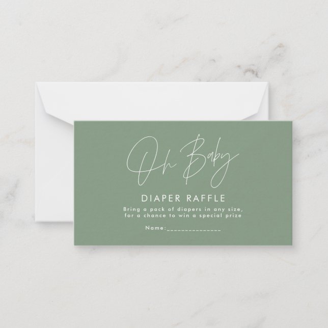 modern script sage green baby shower diaper raffle note card (Front)