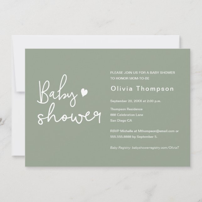 Modern script Sage green Baby Shower Invitation (Front)