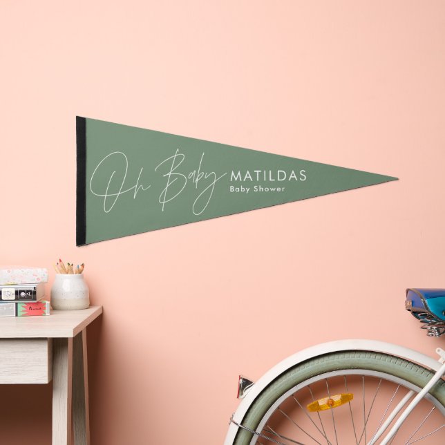 modern script sage green baby shower  pennant flag (Front)